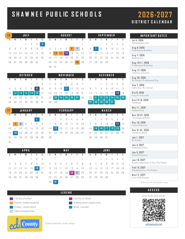 Shawnee Public Schools printable 2026-27 calendar