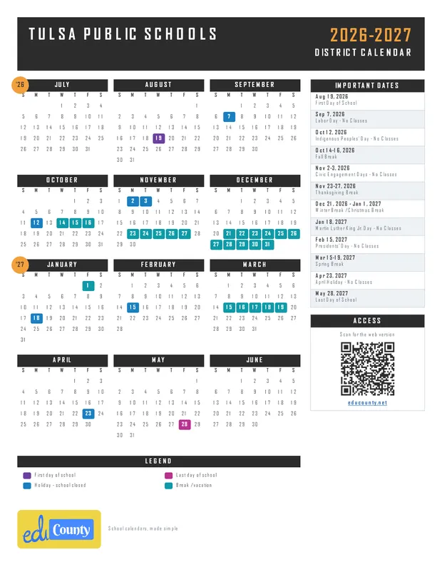 Tulsa Public schools printable 2026-27 calendar