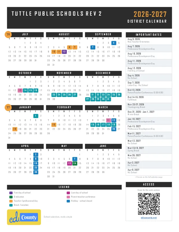 Tuttle Public Schools Rev 2 printable 2026-27 calendar