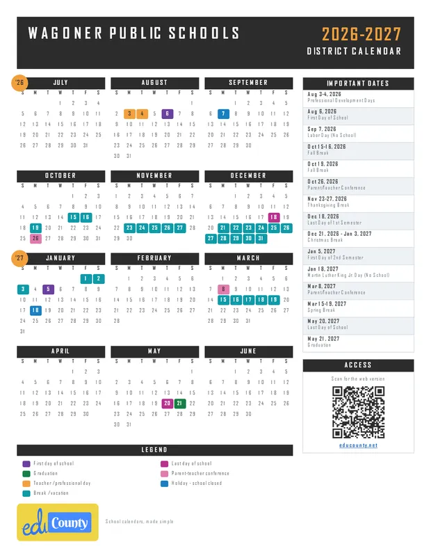 Wagoner Public Schools printable 2026-27 calendar
