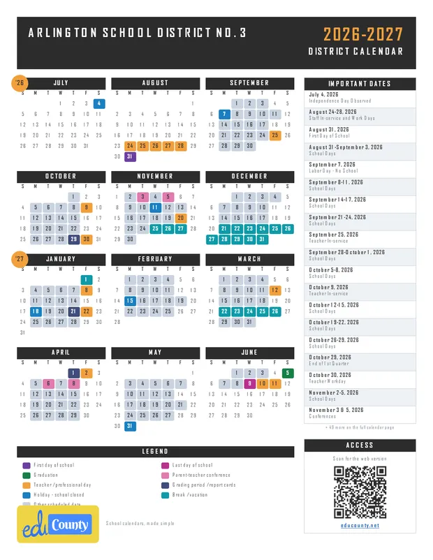 Arlington School District No. 3 printable 2026-27 calendar