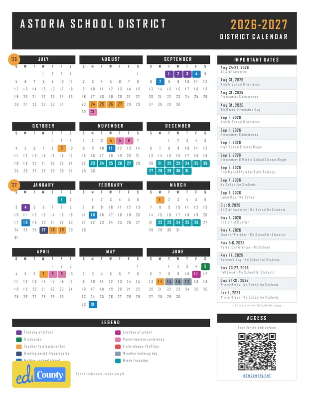 Astoria School District printable 2026-27 calendar