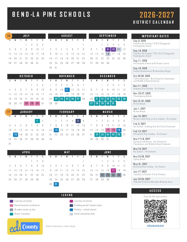 Bend-La Pine Schools printable 2026-27 calendar