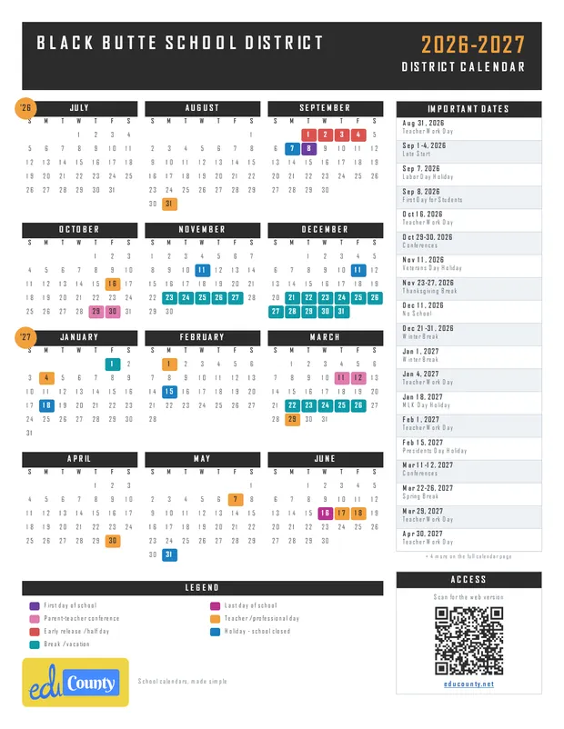 Black Butte School District printable 2026-27 calendar