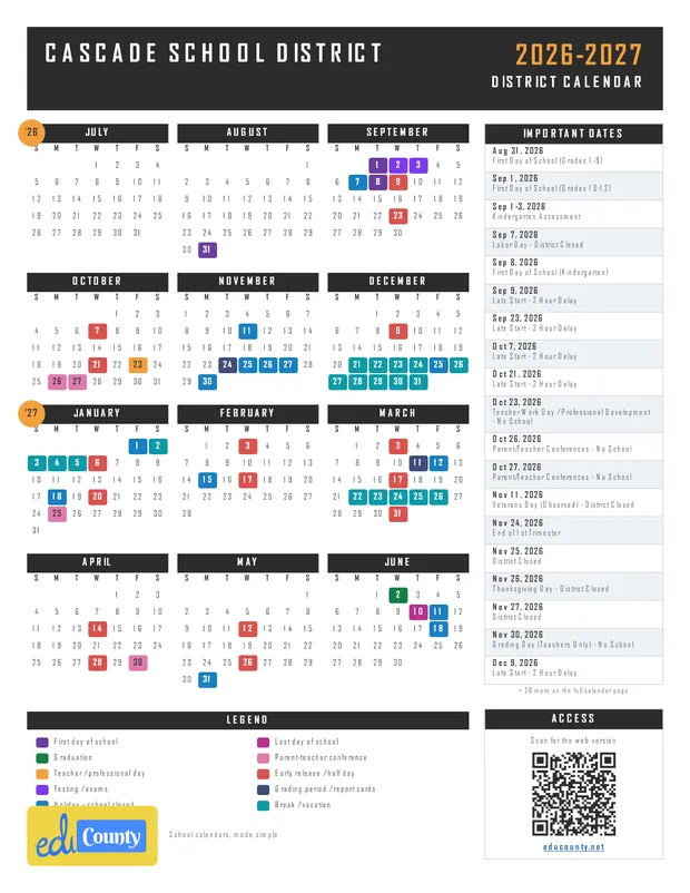 Cascade School District printable 2026-27 calendar