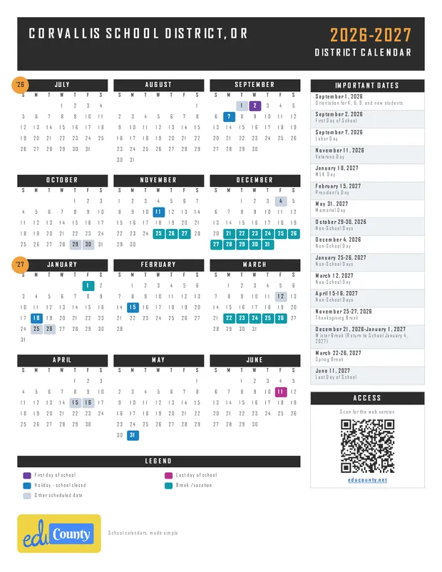 Corvallis School District printable 2026-27 calendar