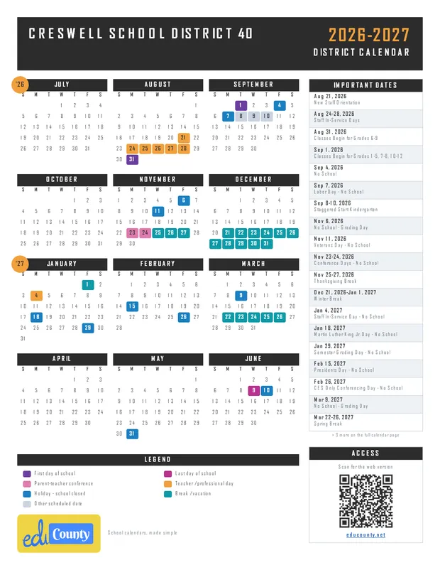 Creswell School District 40 printable 2026-27 calendar