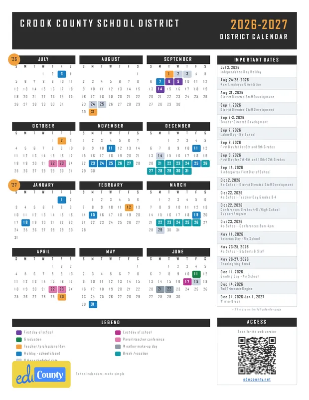 Crook County School District printable 2026-27 calendar