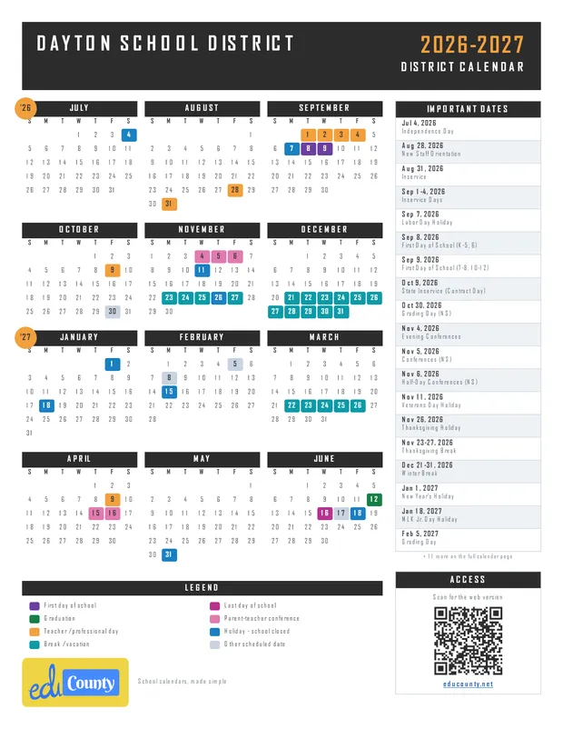 Dayton School District printable 2026-27 calendar