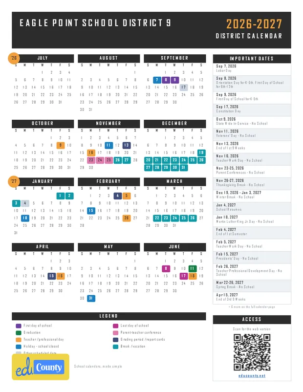 Eagle Point School District 9 printable 2026-27 calendar