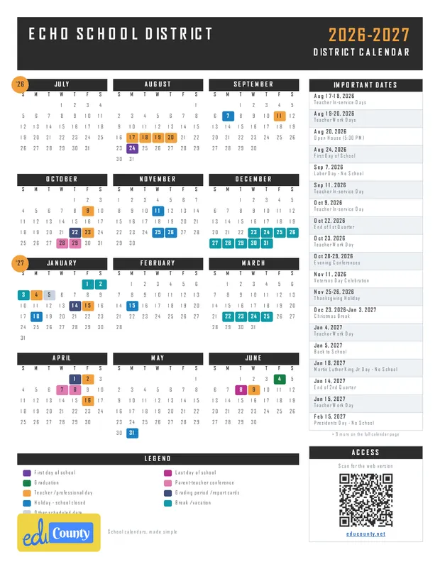 Echo School District printable 2026-27 calendar