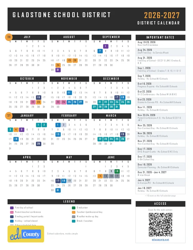 Gladstone School District printable 2026-27 calendar