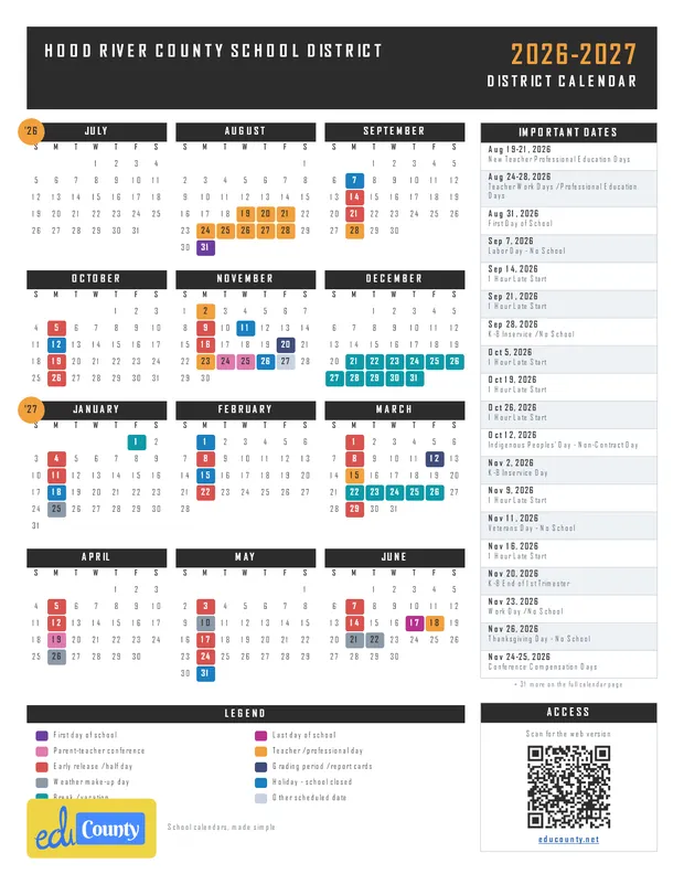 Hood River County School District printable 2026-27 calendar