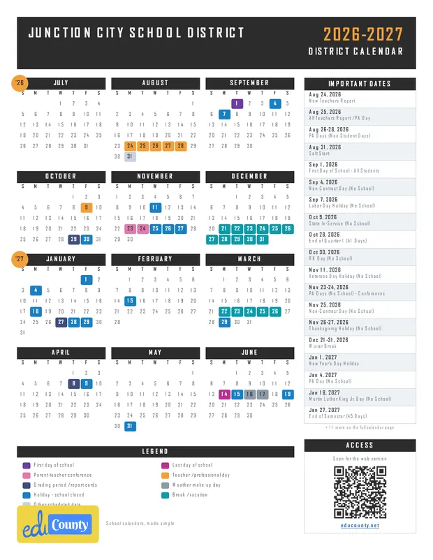 Junction City School District printable 2026-27 calendar