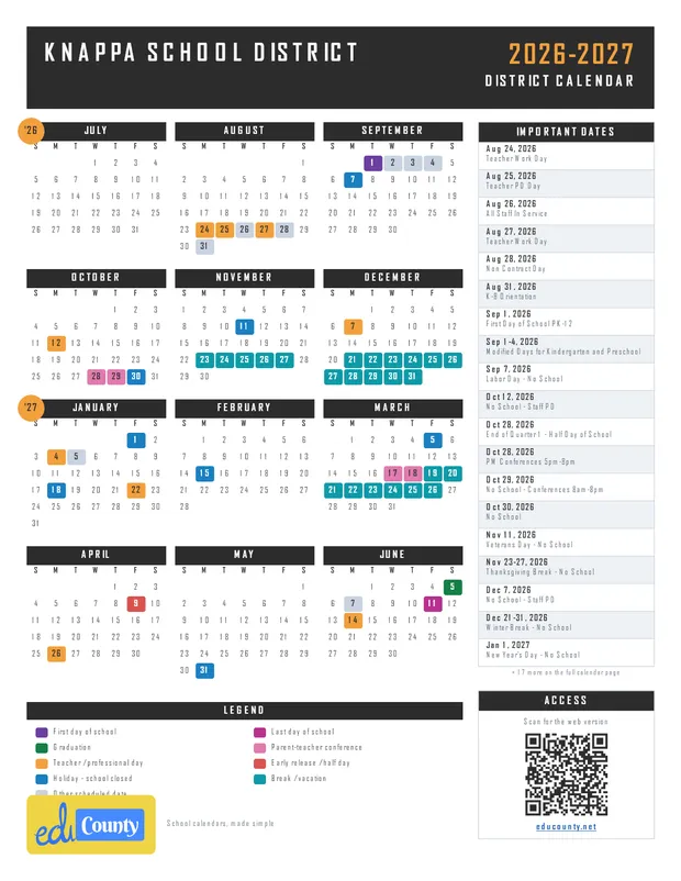 Knappa School District printable 2026-27 calendar