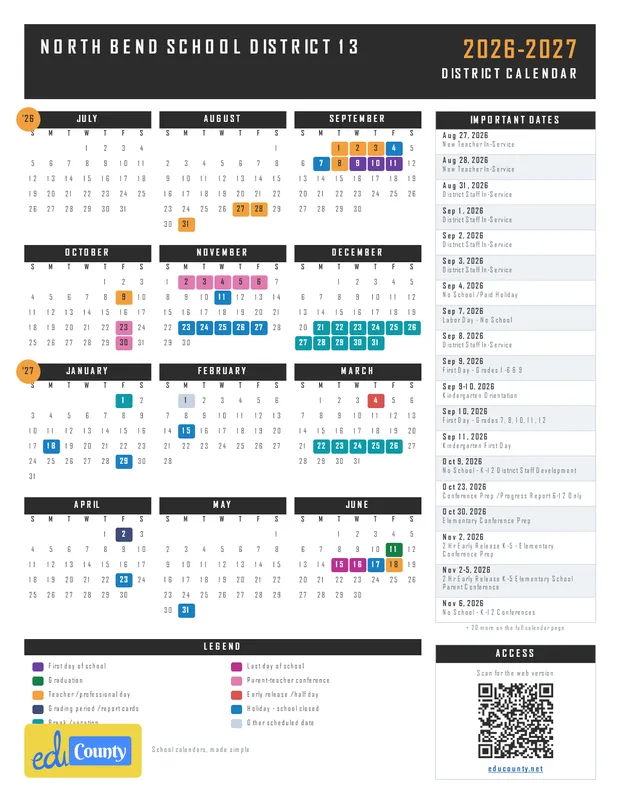 North Bend School District 13 printable 2026-27 calendar
