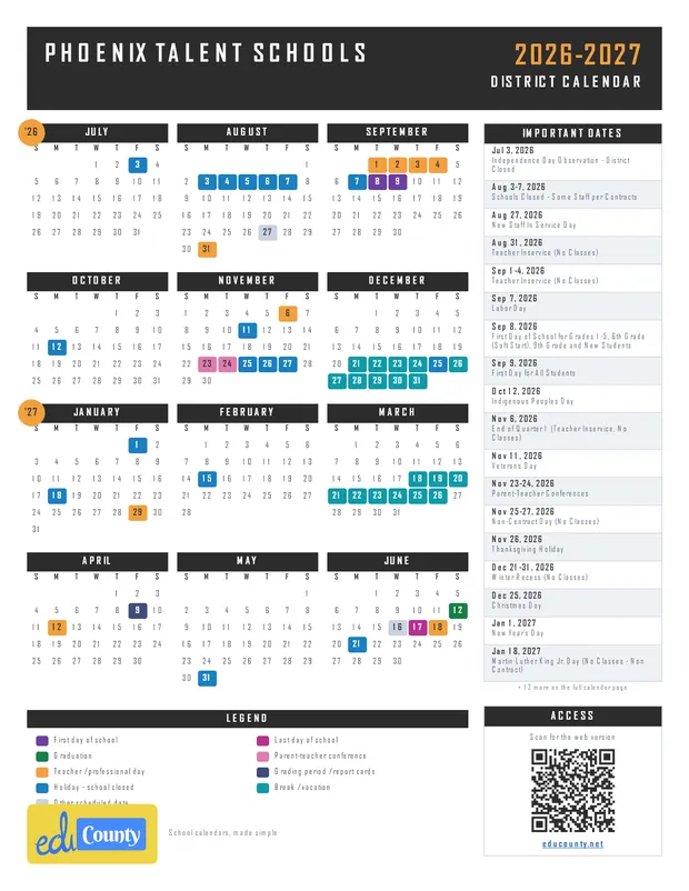 Phoenix Talent Schools printable 2026-27 calendar