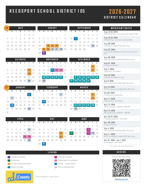 Reedsport School District 105 printable 2026-27 calendar