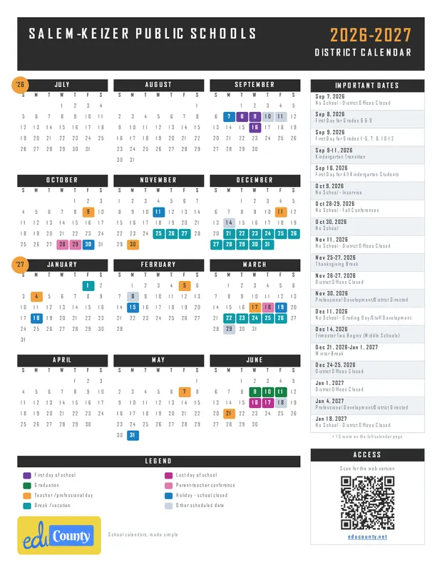 Salem-Keizer Public Schools printable 2026-27 calendar