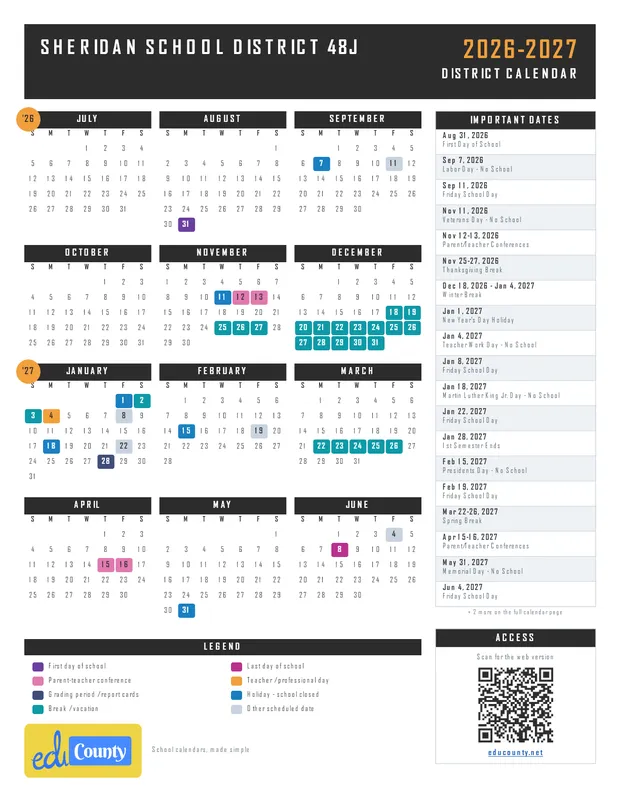 Sheridan School District 48J printable 2026-27 calendar