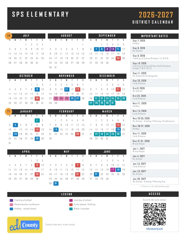 SPS ELEMENTARY printable 2026-27 calendar