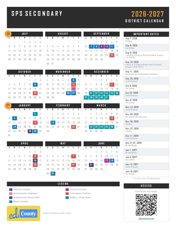 SPS SECONDARY printable 2026-27 calendar