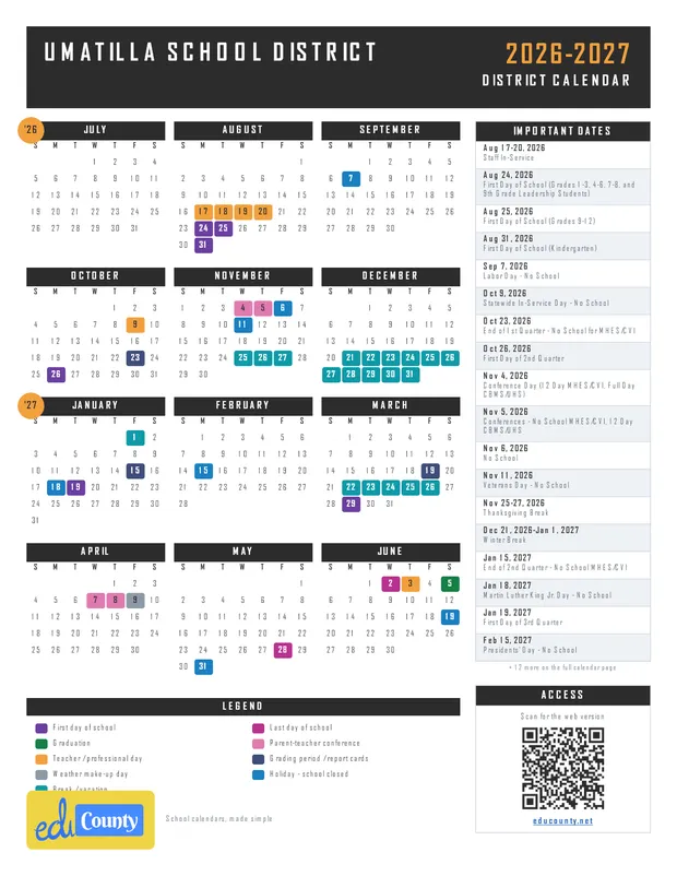 Umatilla School District printable 2026-27 calendar