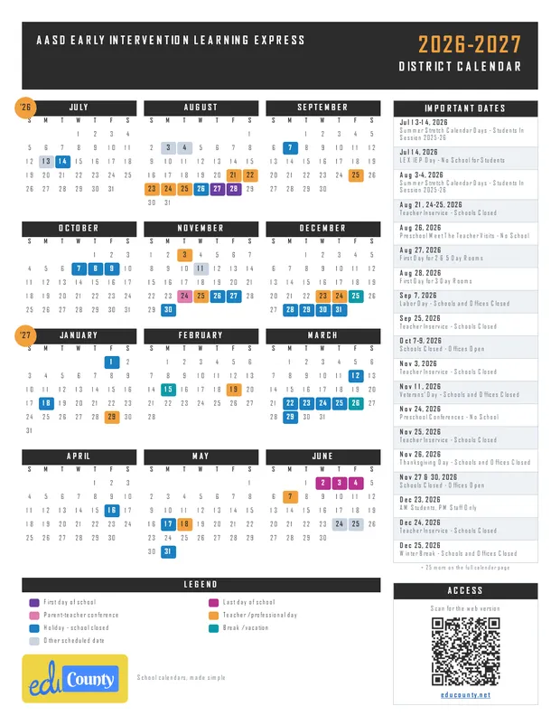 AASD Early Intervention Learning Express printable 2026-27 calendar