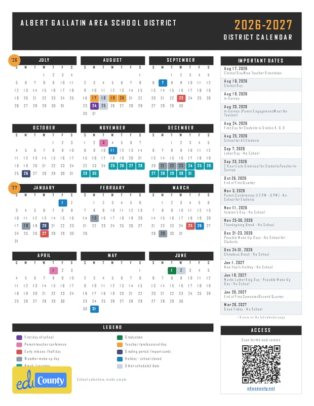 ALBERT GALLATIN AREA SCHOOL DISTRICT printable 2026-27 calendar