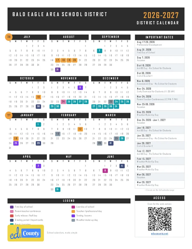 BALD EAGLE AREA SCHOOL DISTRICT printable 2026-27 calendar