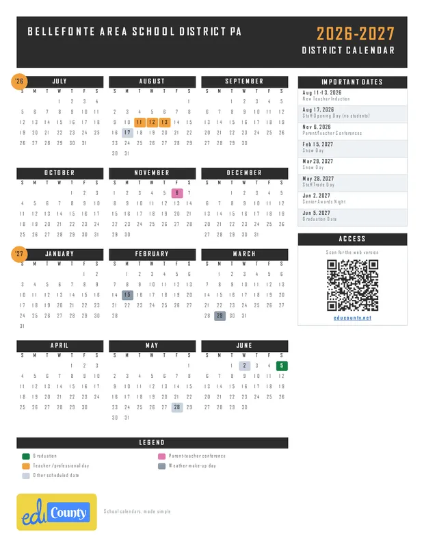 Bellefonte Area School District printable 2026-27 calendar