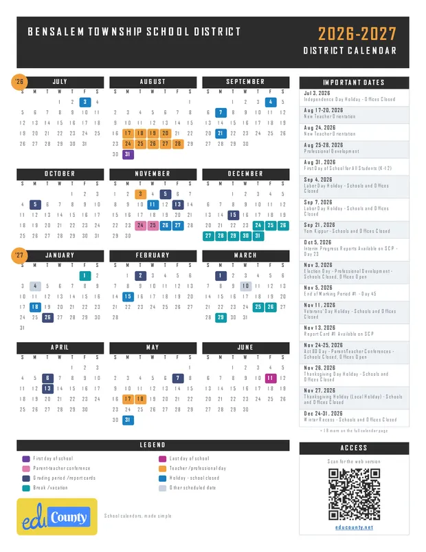 BENSALEM TOWNSHIP SCHOOL DISTRICT printable 2026-27 calendar
