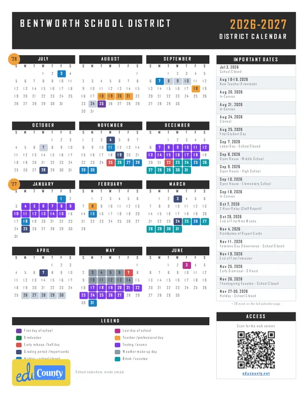 BENTWORTH SCHOOL DISTRICT printable 2026-27 calendar