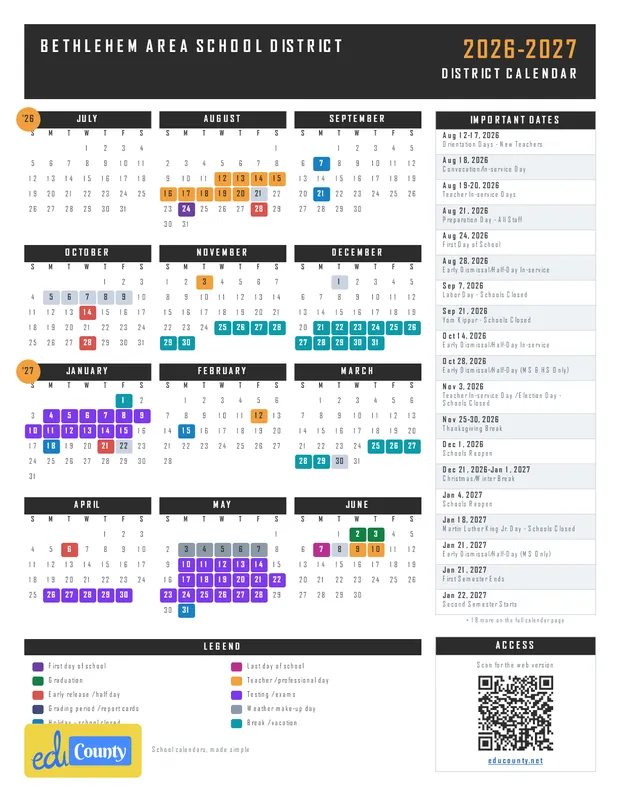 Bethlehem Area School District printable 2026-27 calendar