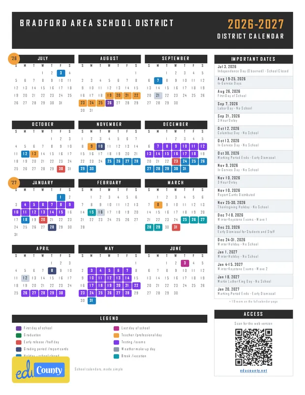 BRADFORD AREA SCHOOL DISTRICT printable 2026-27 calendar
