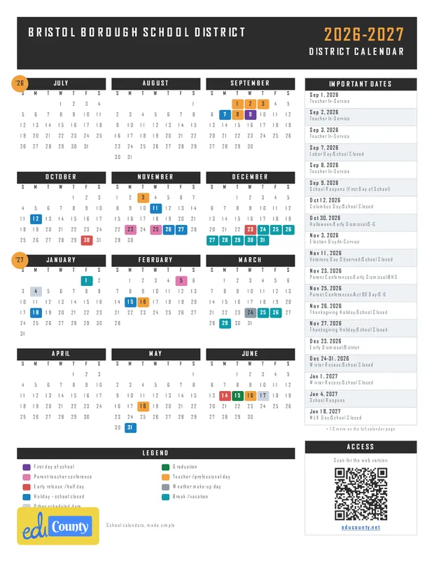 Bristol Borough School District printable 2026-27 calendar