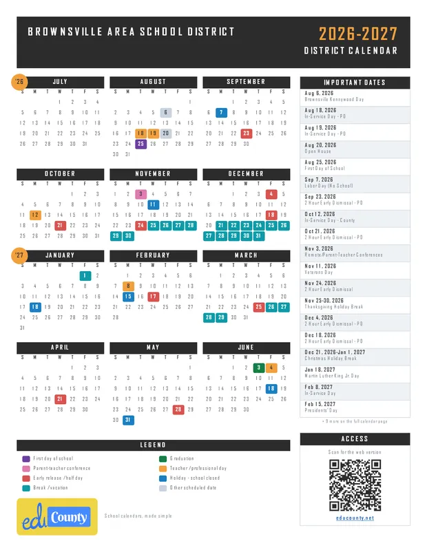 Brownsville Area School District printable 2026-27 calendar
