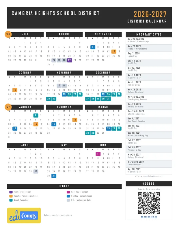 CAMBRIA HEIGHTS SCHOOL DISTRICT printable 2026-27 calendar