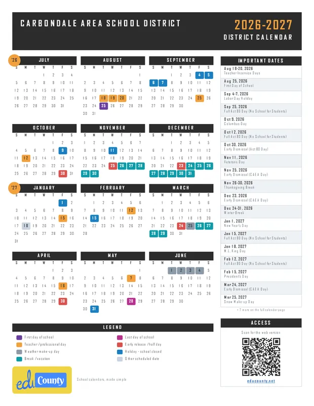 Carbondale Area School District printable 2026-27 calendar