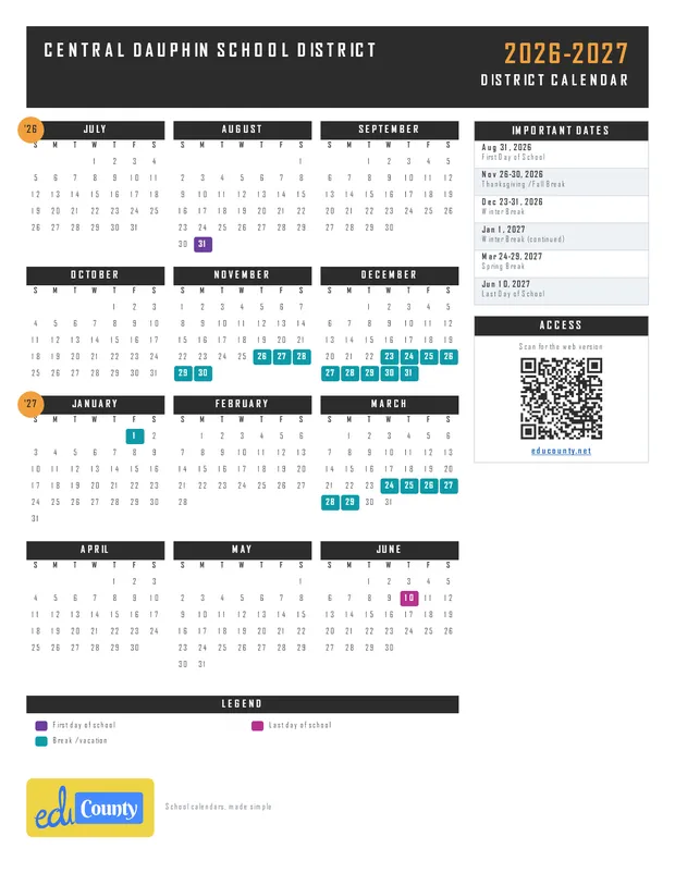 Central Dauphin School District printable 2026-27 calendar