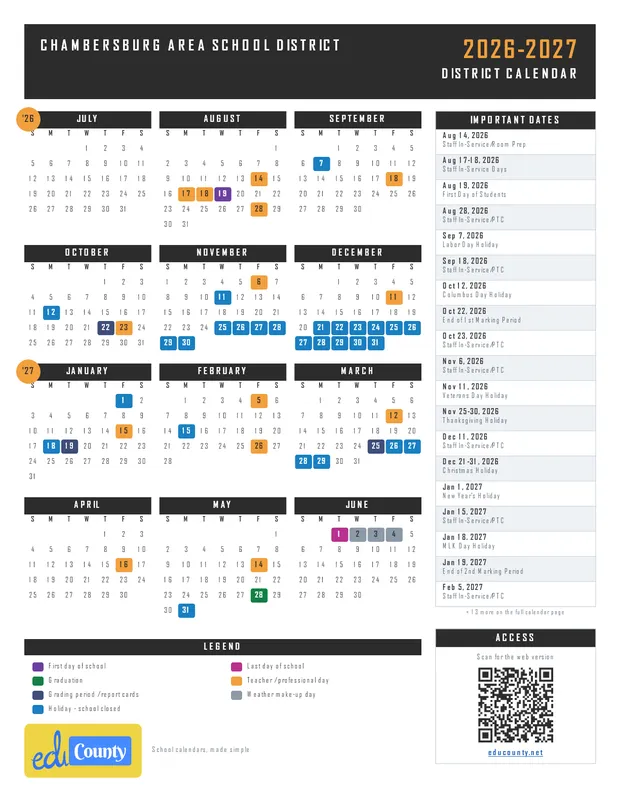 Chambersburg Area School District printable 2026-27 calendar