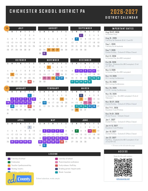 Chichester School District printable 2026-27 calendar