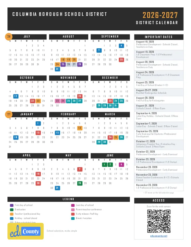 Columbia Borough School District printable 2026-27 calendar