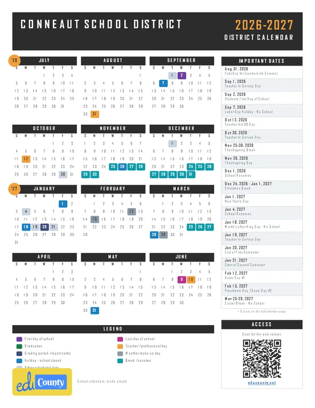 Conneaut School District printable 2026-27 calendar