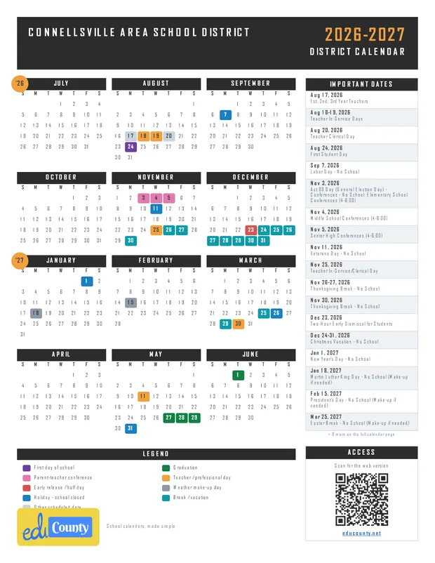 Connellsville Area School District printable 2026-27 calendar