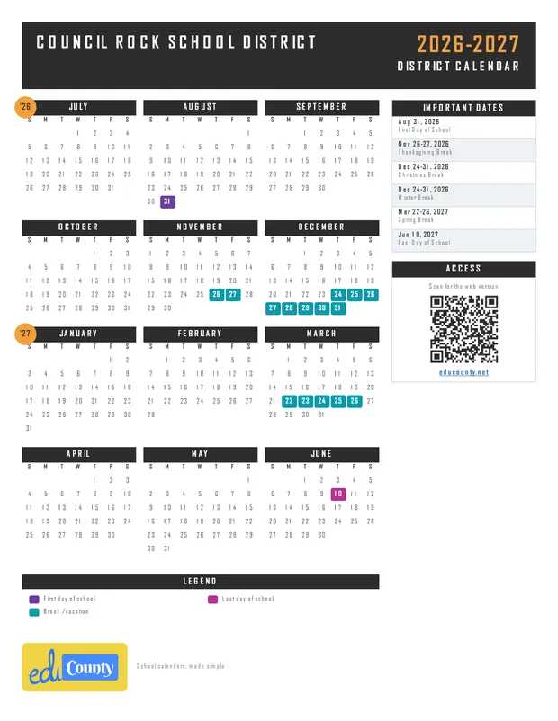 Council Rock School District printable 2026-27 calendar
