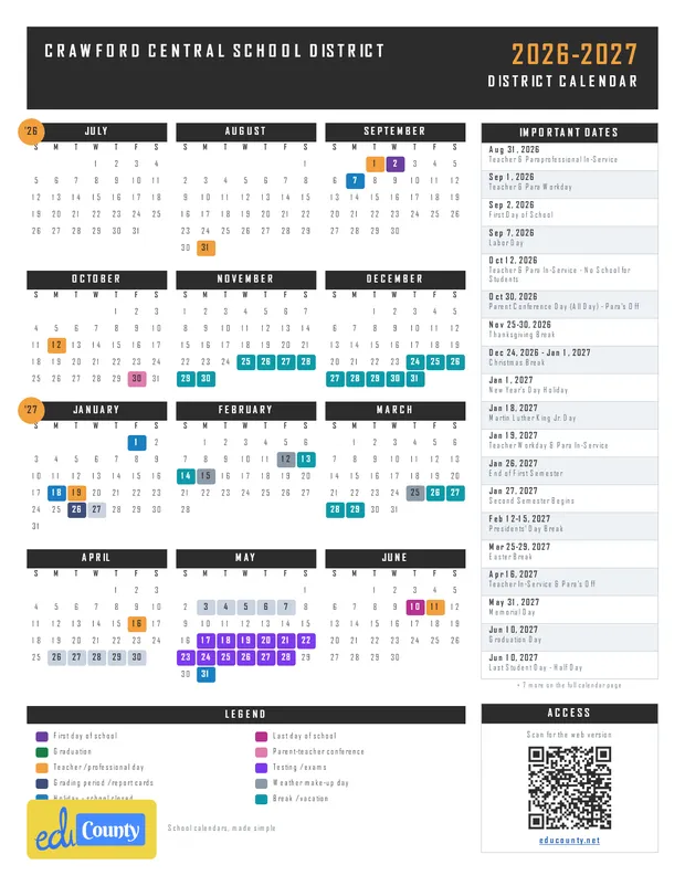 Crawford Central School District printable 2026-27 calendar