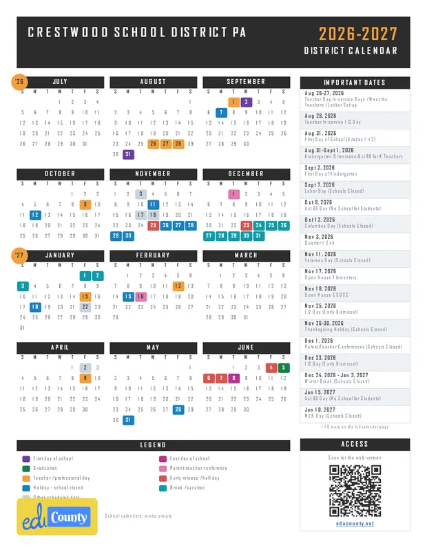 Crestwood School District printable 2026-27 calendar