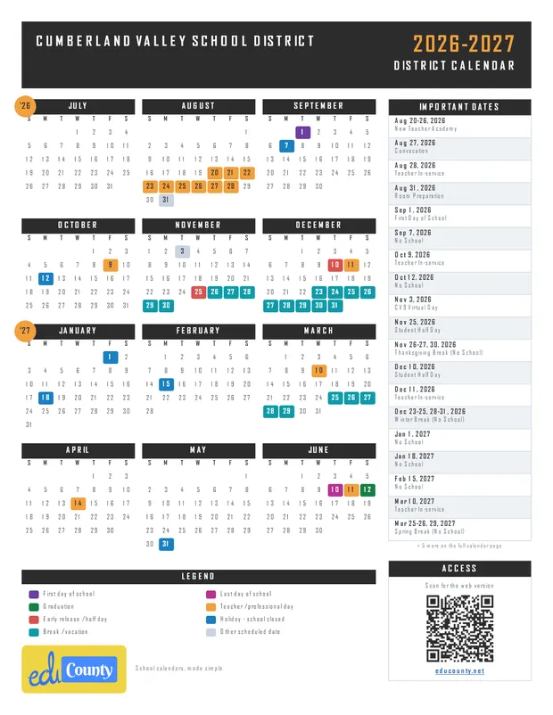 Cumberland Valley School District printable 2026-27 calendar