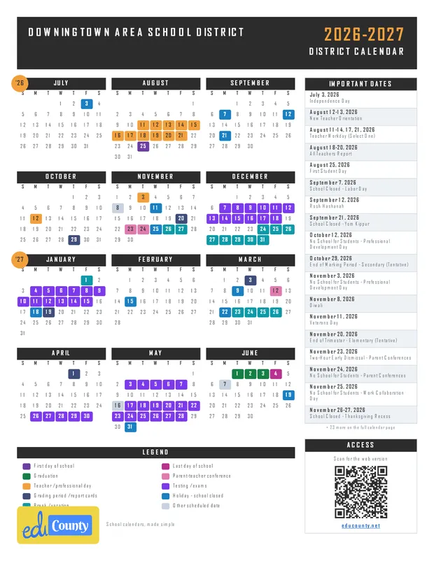 Downingtown Area School District printable 2026-27 calendar